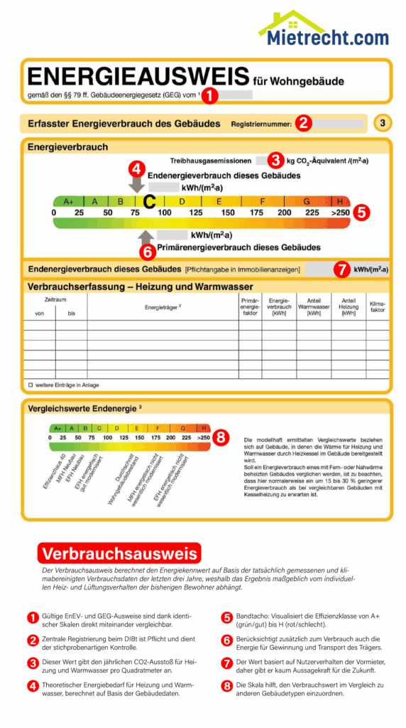 Infografik zur Übersicht zum Energieausweis nach Verbrauch.
